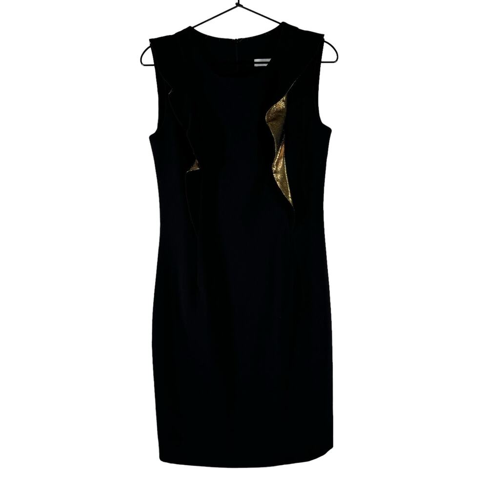 Sandro Paris Black Sleeveless Sheath Dress Gold Metallic Silk Lurex Ruffle Sz 3